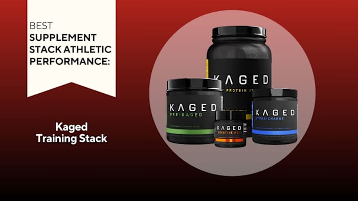 Four black tubes with white writing that says KAGED against a red background